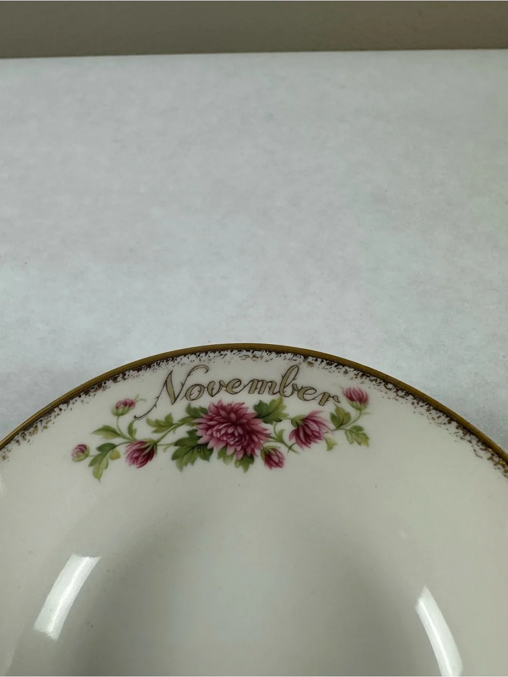 Royal Albert White Porcelain Bowl with Pink Floral and Gold Trim- November